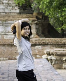 Asian Woman At Wat Maheyong Temple. Ayutthaya Province - Thailan Stock Photos Asian Woman At Wat Maheyong Temple. Ayutthaya Province - Thailan Stock Photos