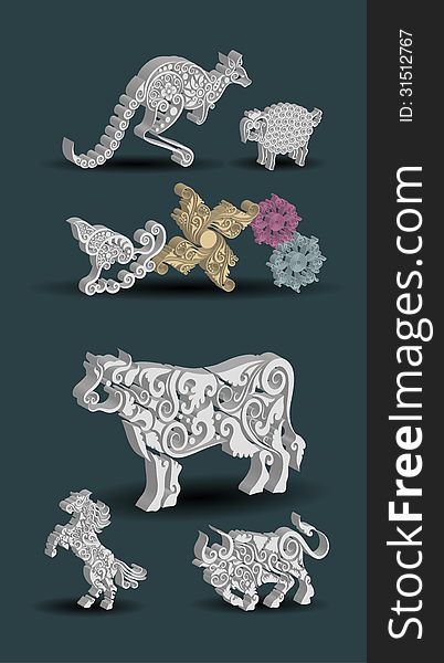 Kangaroo, sheep, snail, cow, horse, bull, buffalo, and flower element with floral decorative ornaments. Three dimension extrude effect. Good use for any design you want. Kangaroo, sheep, snail, cow, horse, bull, buffalo, and flower element with floral decorative ornaments. Three dimension extrude effect. Good use for any design you want.