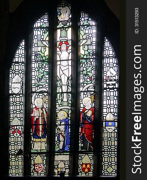 Stained glass in a chapel in England. Stained glass in a chapel in England