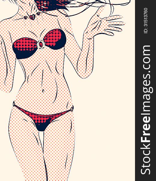 Background of a girl in red bikini, retro halftone effect. Background of a girl in red bikini, retro halftone effect.