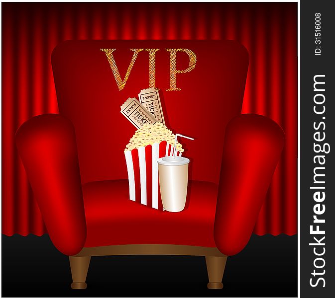 Chair and popcorn and a drink on a background of red curtains