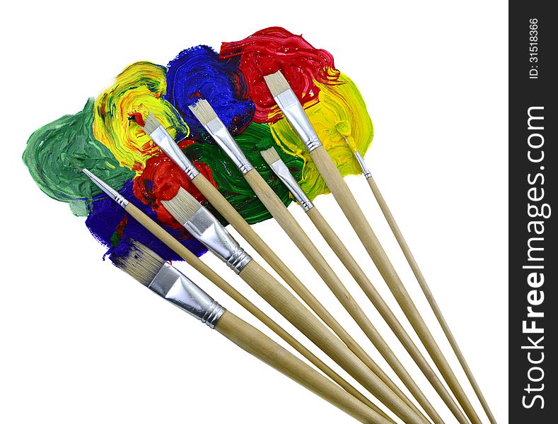 Eight used brushes with pant colorful mix isolated. Eight used brushes with pant colorful mix isolated