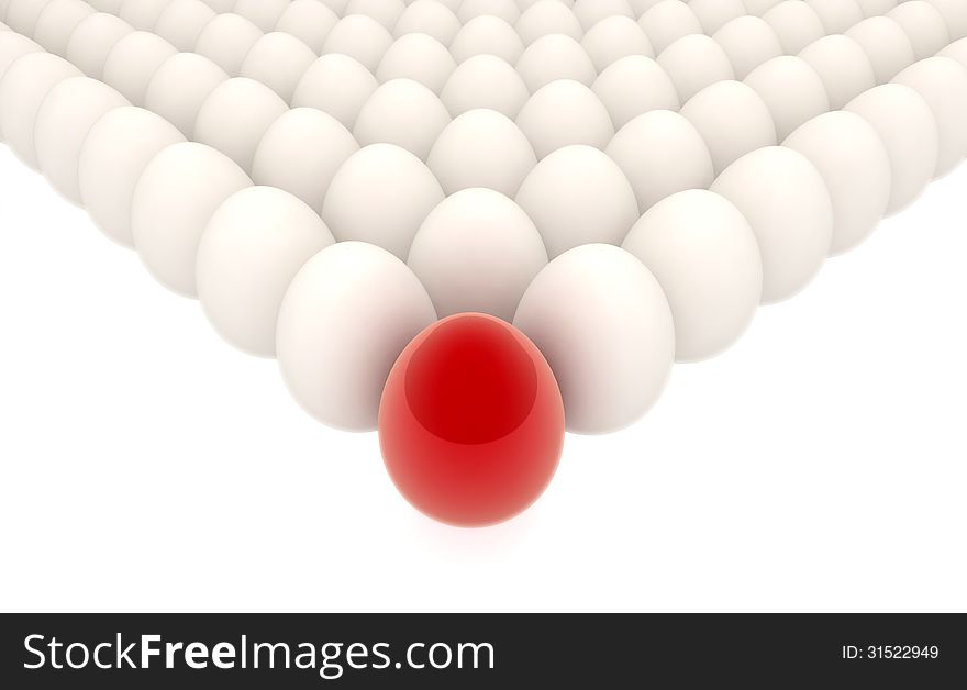 Many eggs lined up in rows with spetial red one