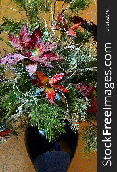 Abstract of Christmas Floral Arrangement with poinsettia and evergreen with swirls in Vase. Abstract of Christmas Floral Arrangement with poinsettia and evergreen with swirls in Vase