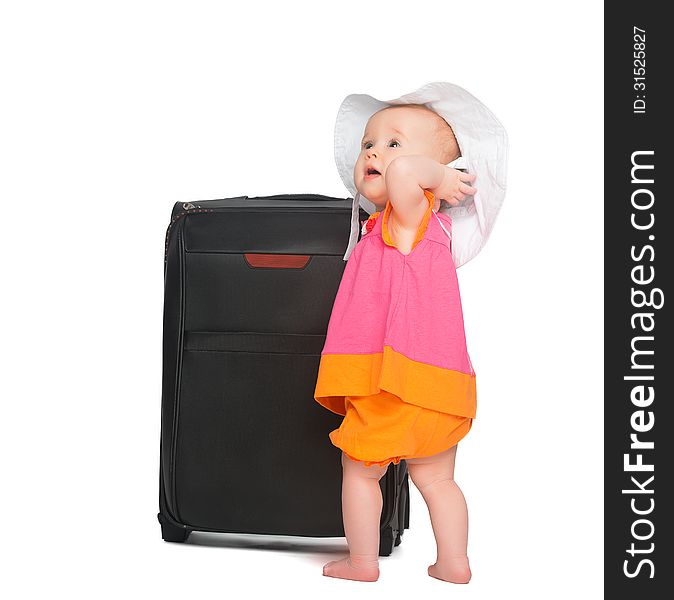Little baby girl with baggage suitcase