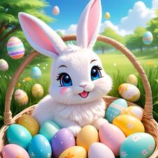 Cute Easter Bunny In A Basket Full Of Decorated Eggs Stock Photo