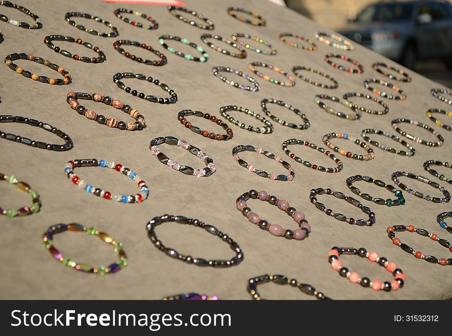 Display of magnetic bracelets taken at a local outdoor market. Display of magnetic bracelets taken at a local outdoor market