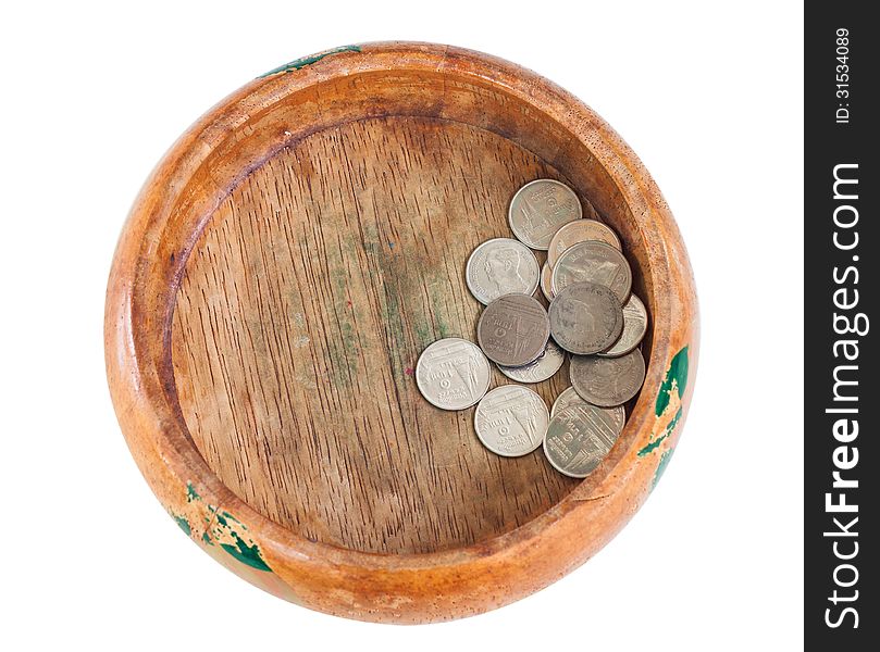 The wooden bowl for keeping the change. The wooden bowl for keeping the change