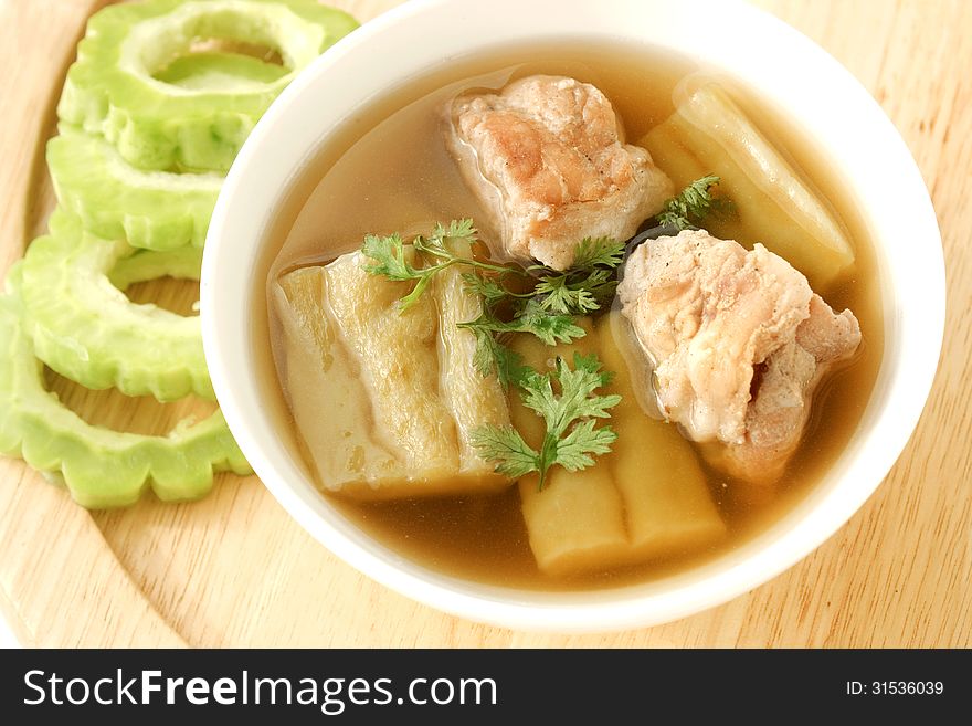 Chinese bitter cucumber soup with pork rip. Chinese bitter cucumber soup with pork rip