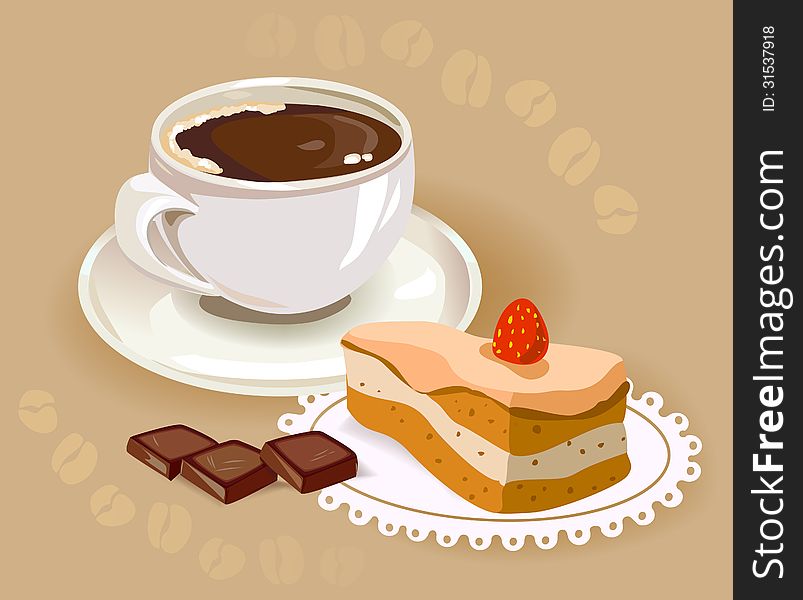 Still life with cup of coffee, a cake and chocolate. Vector illustration. Still life with cup of coffee, a cake and chocolate. Vector illustration