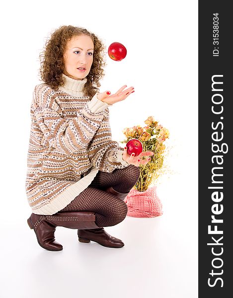 Comfort the girl in a sweater and apples