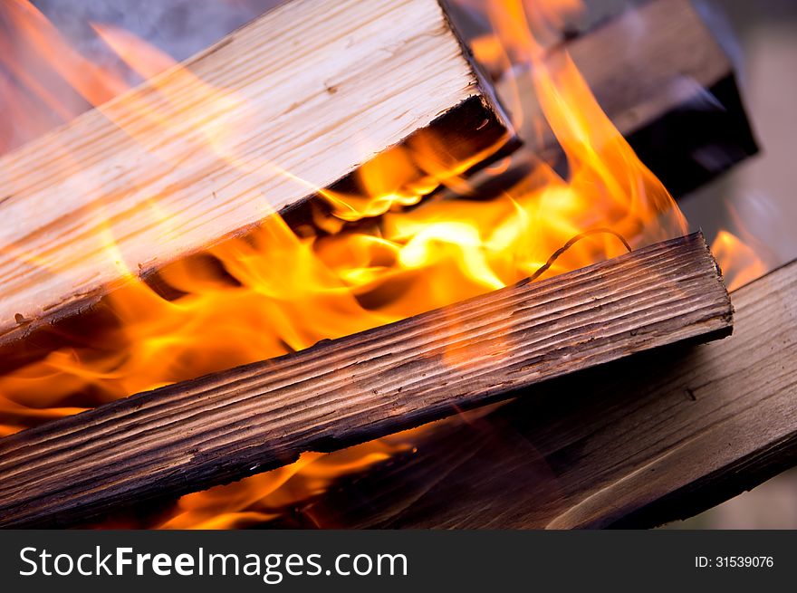Background of burning logs outdoors