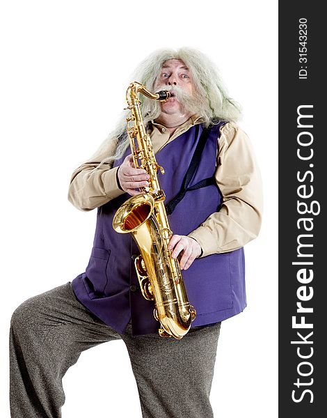 Old hippies saxophonist, carved on a white