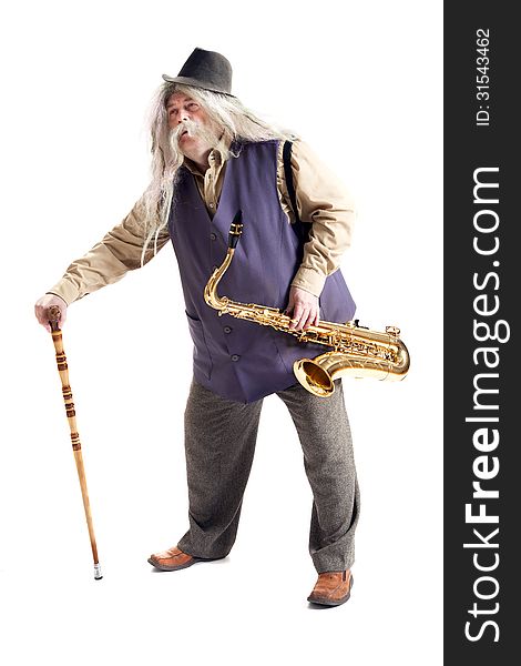 Old hippies saxophonist, carved on a white