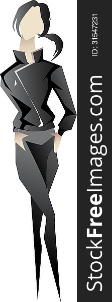 Vector Drawing A Girl In Black Leather Suit
