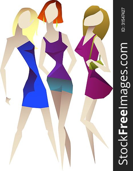 Vector Illustration Of Three Girls Of Models In Su