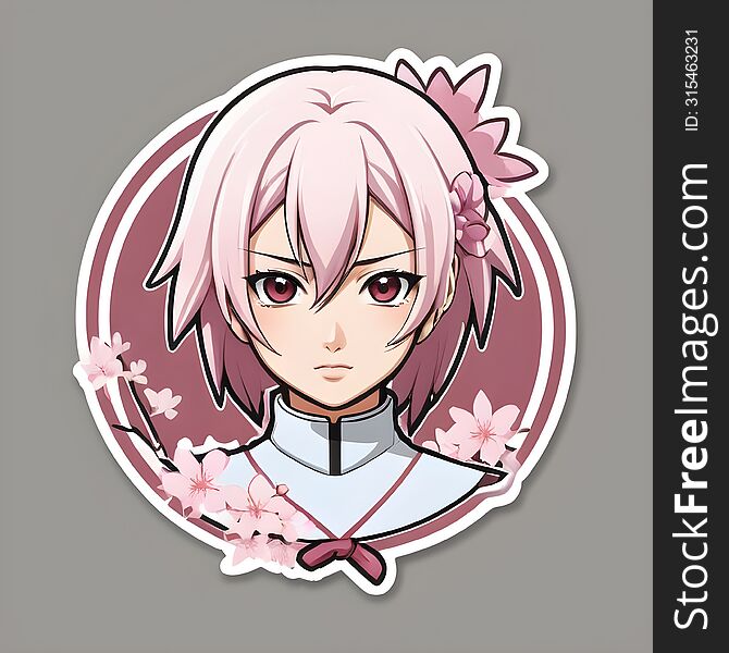 This sticker features a character with their face obscured, adorned in a traditional attire, surrounded by the serene beauty of blooming cherry blossoms. The character’s hair is pink, complementing the soft hues of the flowers, creating an atmosphere of tranquility and renewal.