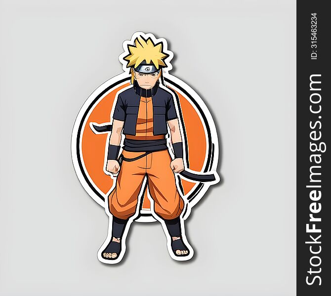 This vibrant sticker features Naruto Uzumaki, the iconic character from the popular anime series “Naruto.” Naruto is depicted in his signature orange and black attire, complete with his headband that bears the symbol of the Hidden Leaf Village. The character is set against a bold, orange circular background, making it a striking piece for fans to showcase their affinity for this beloved anime ninja.