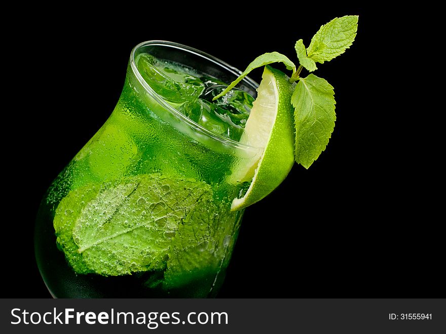 Cocktail With Lime And Mint Closeup