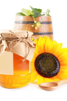 Jar And Barrel With Honey And Flowers Stock Images Jar And Barrel With Honey And Flowers Stock Images