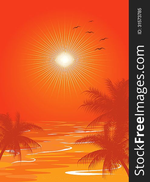 Orange summer. orange background with the sun, palms and the sea.