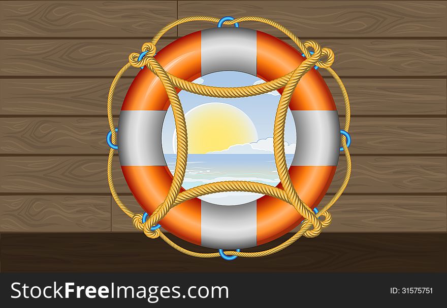 Orange lifebuoy with stripes and rope on the deck.Vacation background.