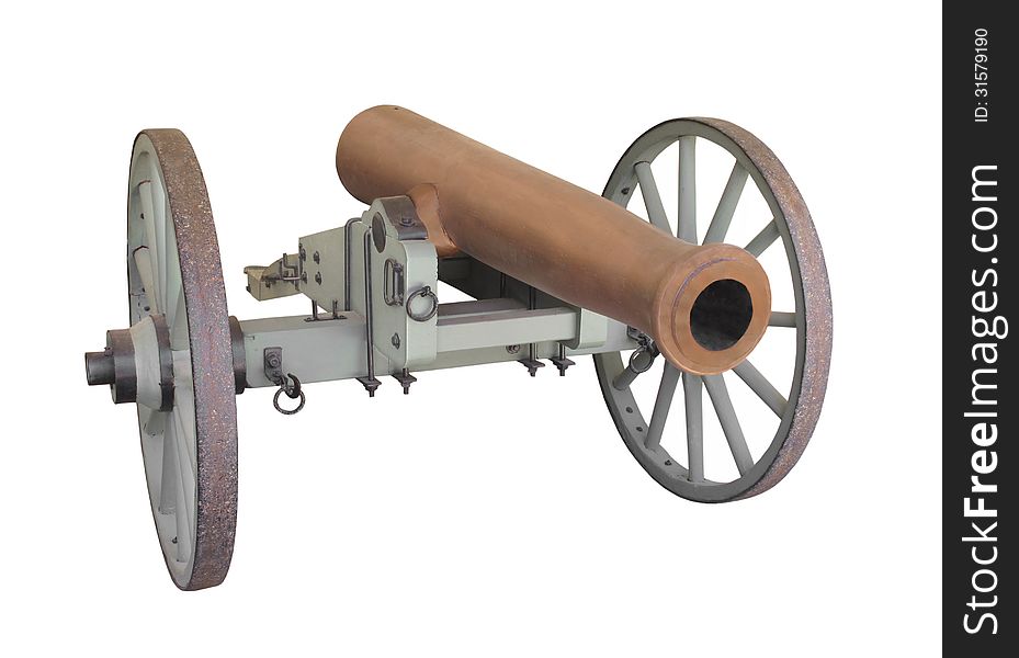 Old ceremonial muzzle-loading field cannon with a bronze barrel and a two-wheel carriage. Isolated on white. Old ceremonial muzzle-loading field cannon with a bronze barrel and a two-wheel carriage. Isolated on white.