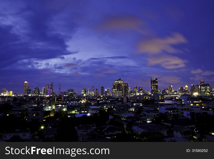 Aerial View Of Bangkok City Skyline At Night. Thailand.