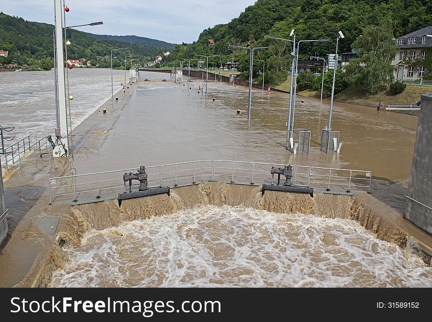 Overflooded watergate or lock in Heidelberg