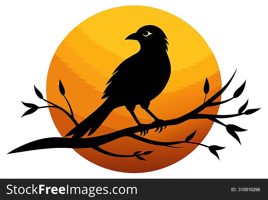Bird silhouette perched on sunset branch against white background