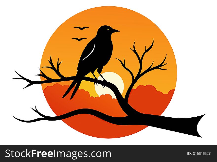 Bird silhouette perched on sunset branch against white background