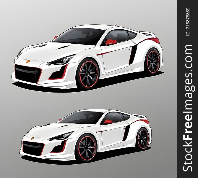 This sticker features two angles of a modern, sleek sports car with a white body, accented by bold red and black details, exuding speed and elegance.