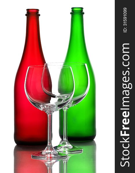 Color wine bottles and wine glasses