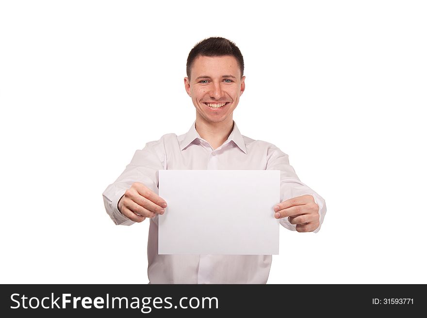 Man with blank white board, isolated on white background