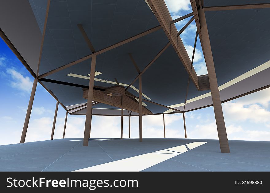 Futuristic Architecture with organic structure, blue sky background