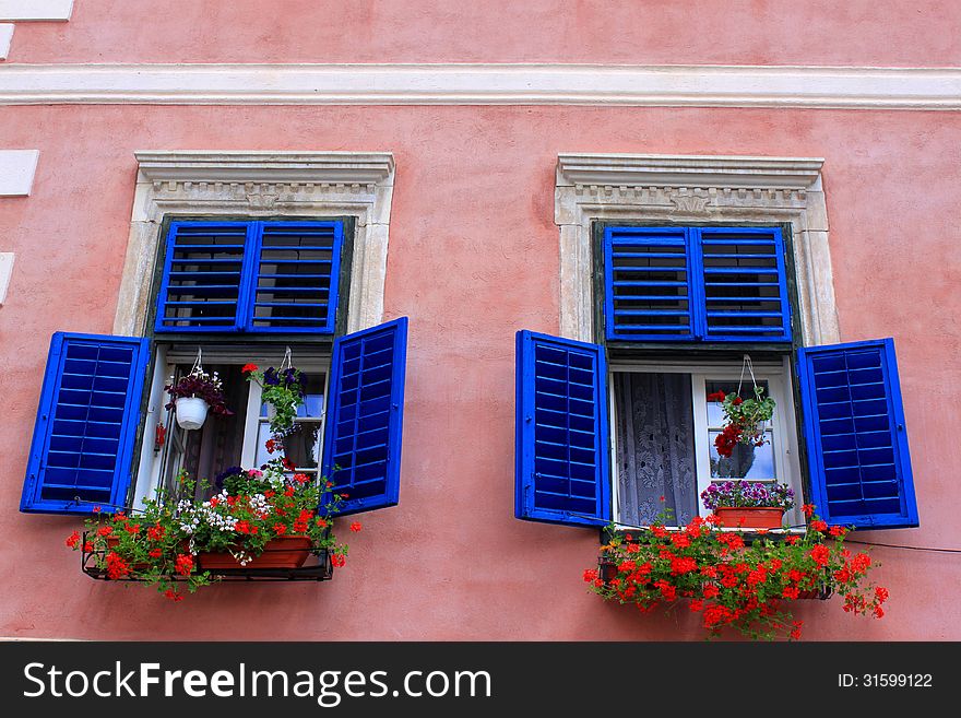 Blue windows with beautiful geraniums. Blue windows with beautiful geraniums