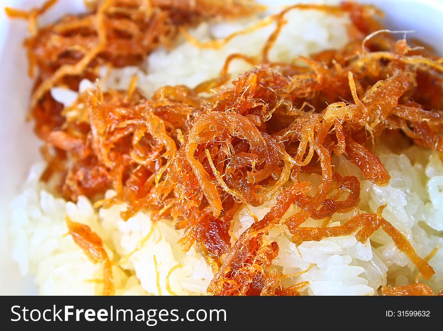 Sticky rice with sweet pork chop . Thai local food.Northern thai food