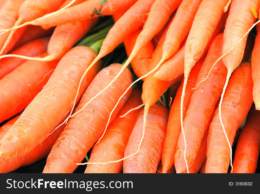 Bunch of raw carrots at a farmers market.