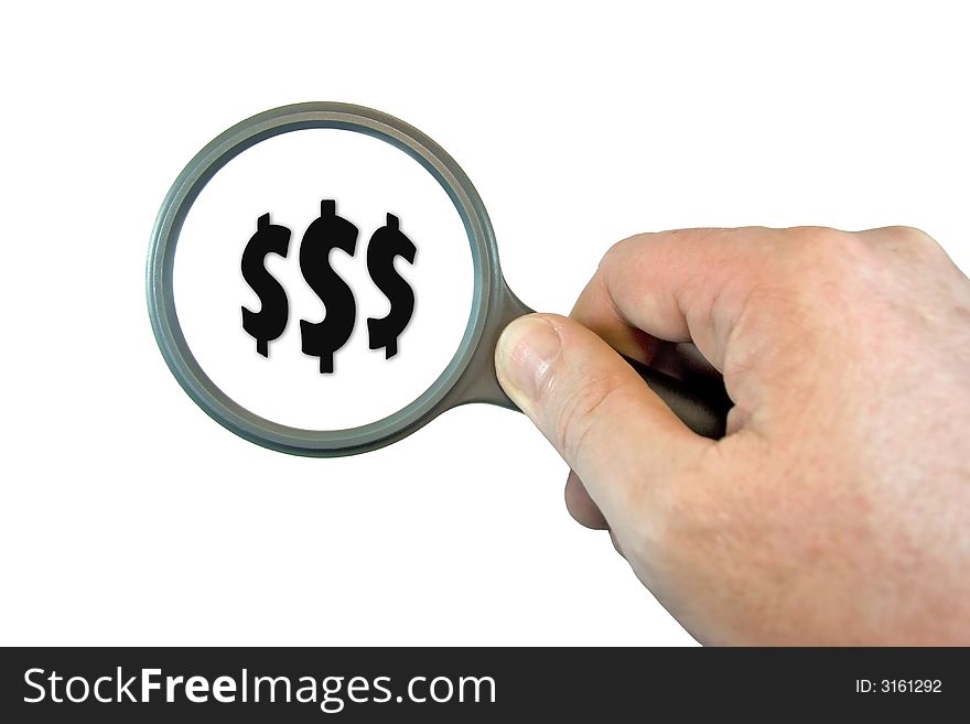 Hand Held Magnifying Glass over Dollar Signs. Hand Held Magnifying Glass over Dollar Signs