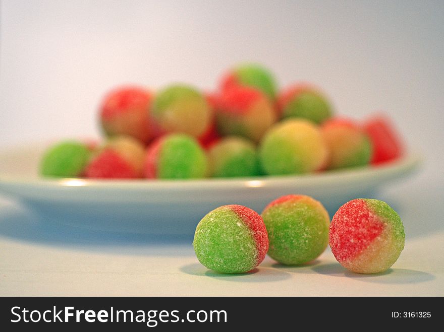 Red, yellow and green coloured boiled sweets. Red, yellow and green coloured boiled sweets