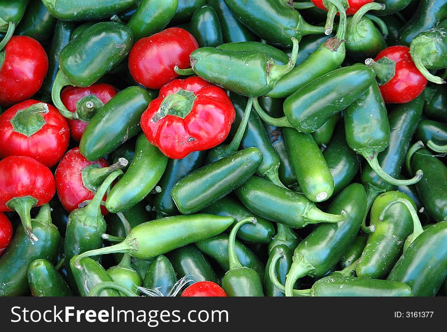 Red hot peppers on display at a local market.