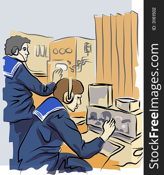 Illustration of young navy soldiers, in communication centre. Illustration of young navy soldiers, in communication centre