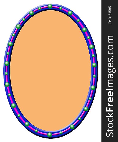 An blue-pink oval frame with green balls aound, in the middle an orange frame for filling with text. An blue-pink oval frame with green balls aound, in the middle an orange frame for filling with text