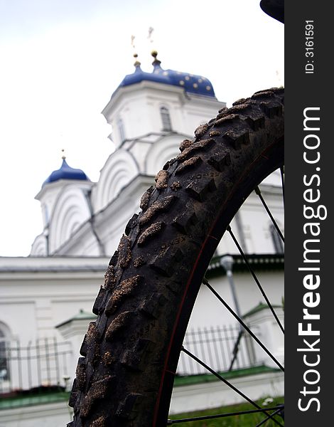 Russian church and bike in summer