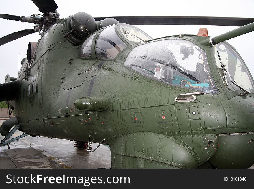 Close - up of front MI-24 russian military helicopter. Close - up of front MI-24 russian military helicopter