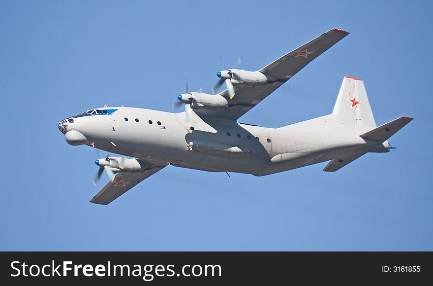 Antonov-12 troop-carrier. Fly-past at 95th anniversary of Russian Air Force. 11 August 2007. Antonov-12 troop-carrier. Fly-past at 95th anniversary of Russian Air Force. 11 August 2007