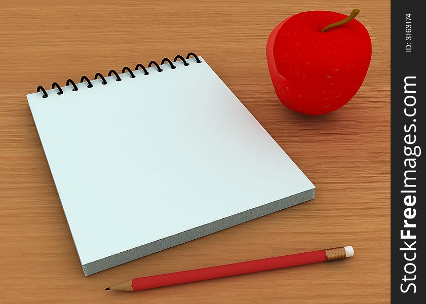 pencil , notepad and apple on wooden table