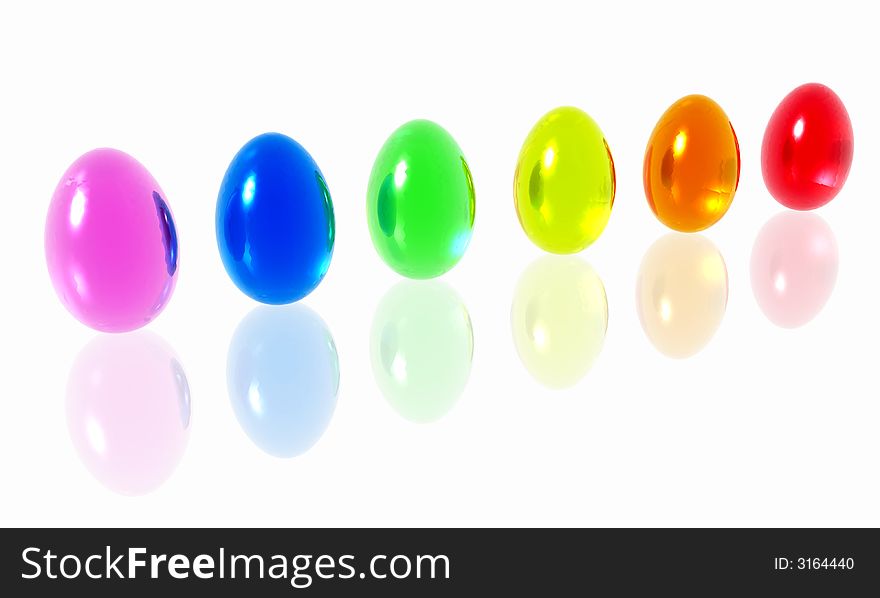 Brightly colored Easter eggs on a reflective surface. Brightly colored Easter eggs on a reflective surface.