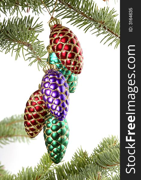 Glass Christmas decorations shaped like pine cones. Glass Christmas decorations shaped like pine cones.