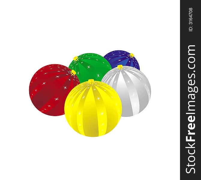 Illustration of five Christmas tree baubles